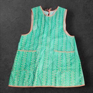 Vintage Handmade Apron Smock Green Retro Floral Cottagecore Kitchen Tie-Back